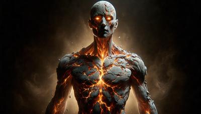 The primary subject of the image is a skeleton with a glowing, fiery body. The skeleton is standing in front of a dark background, which contrasts with the bright, fiery appearance of the skeleton. The visual style of the image is digital art, as it features a detailed and intricate representation of the skeleton. The colors and mood of the image are intense and dramatic, with the glowing skeleton creating a sense of danger and mystery.